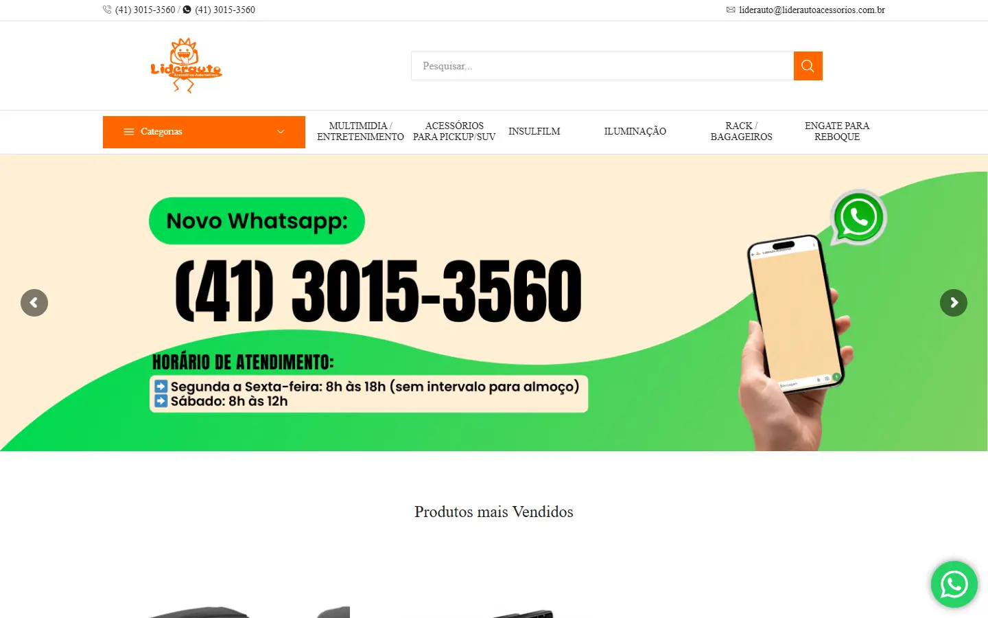 Página inicial antiga da Liderauto: faixa laranja de categorias e um banner verde com o número do WhatsApp.