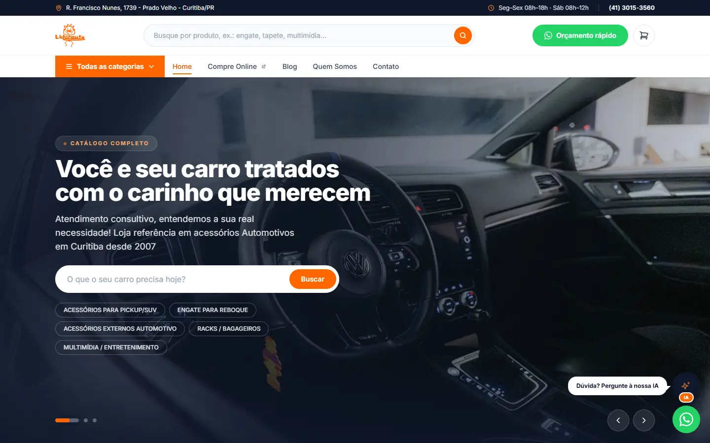 Página inicial nova da Liderauto: foto do painel de um carro, título grande, busca pelo que o carro precisa e botão de orçamento rápido.