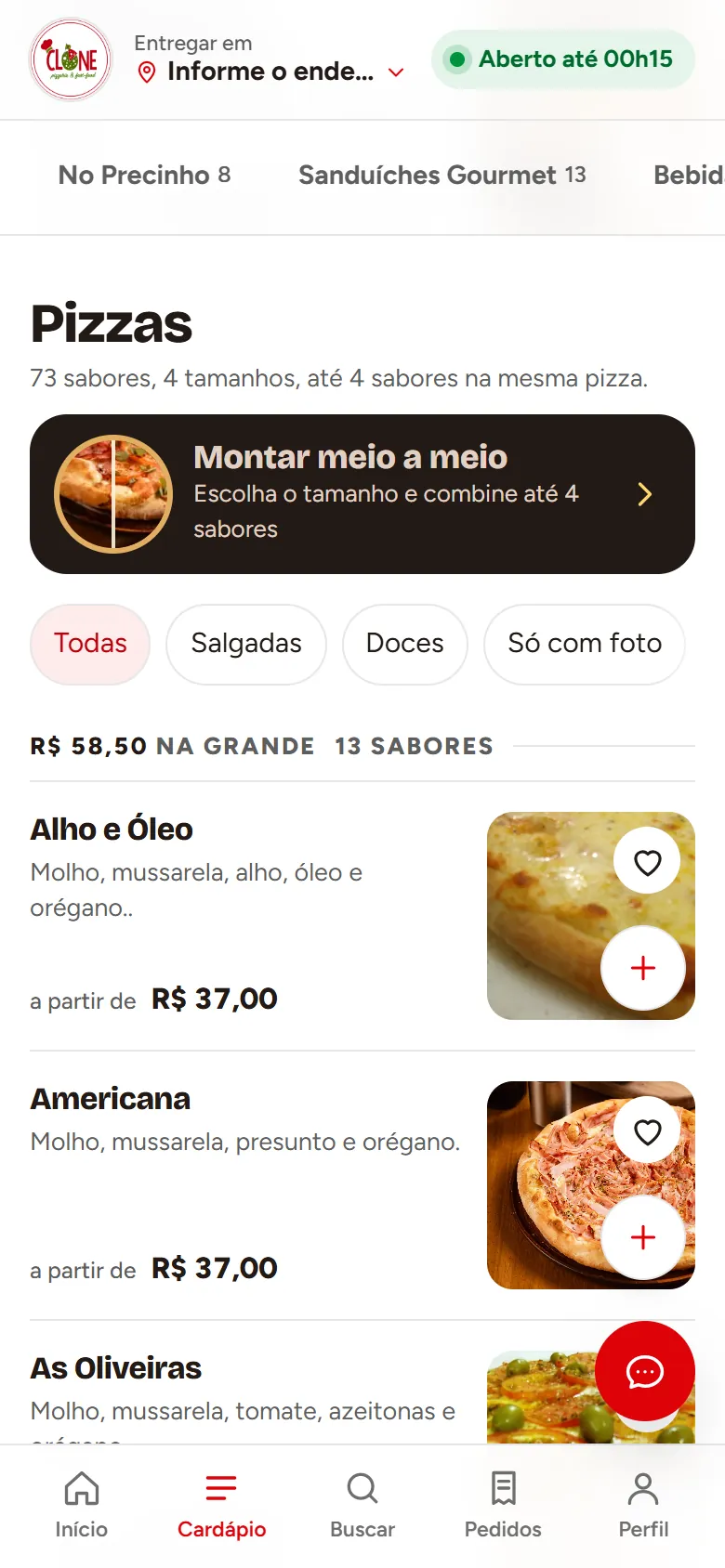 Início do site da Clone Pizza no celular, com o botão Montar minha pizza.