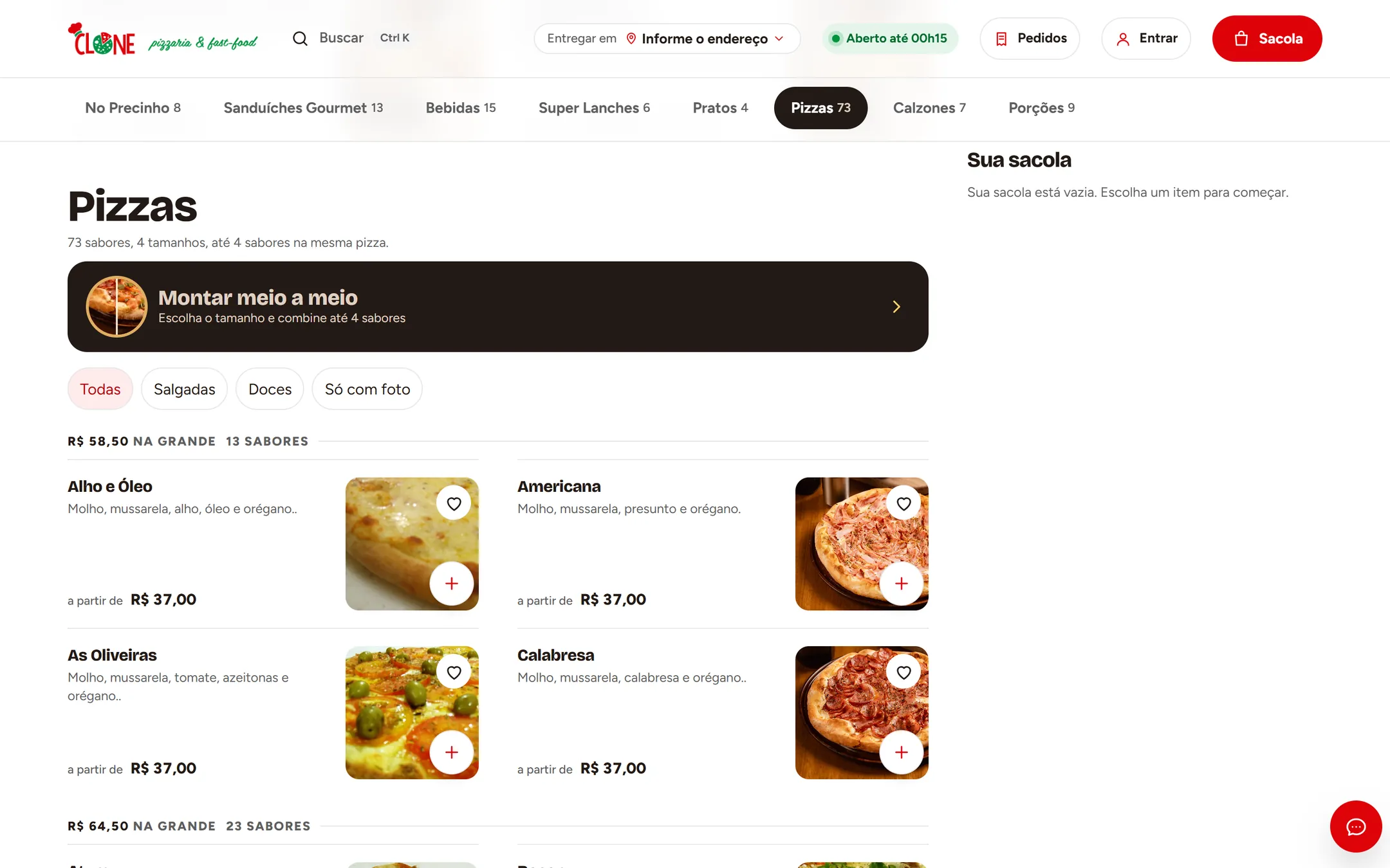 Clone Pizza menu on desktop, with the categories and the pizzas.