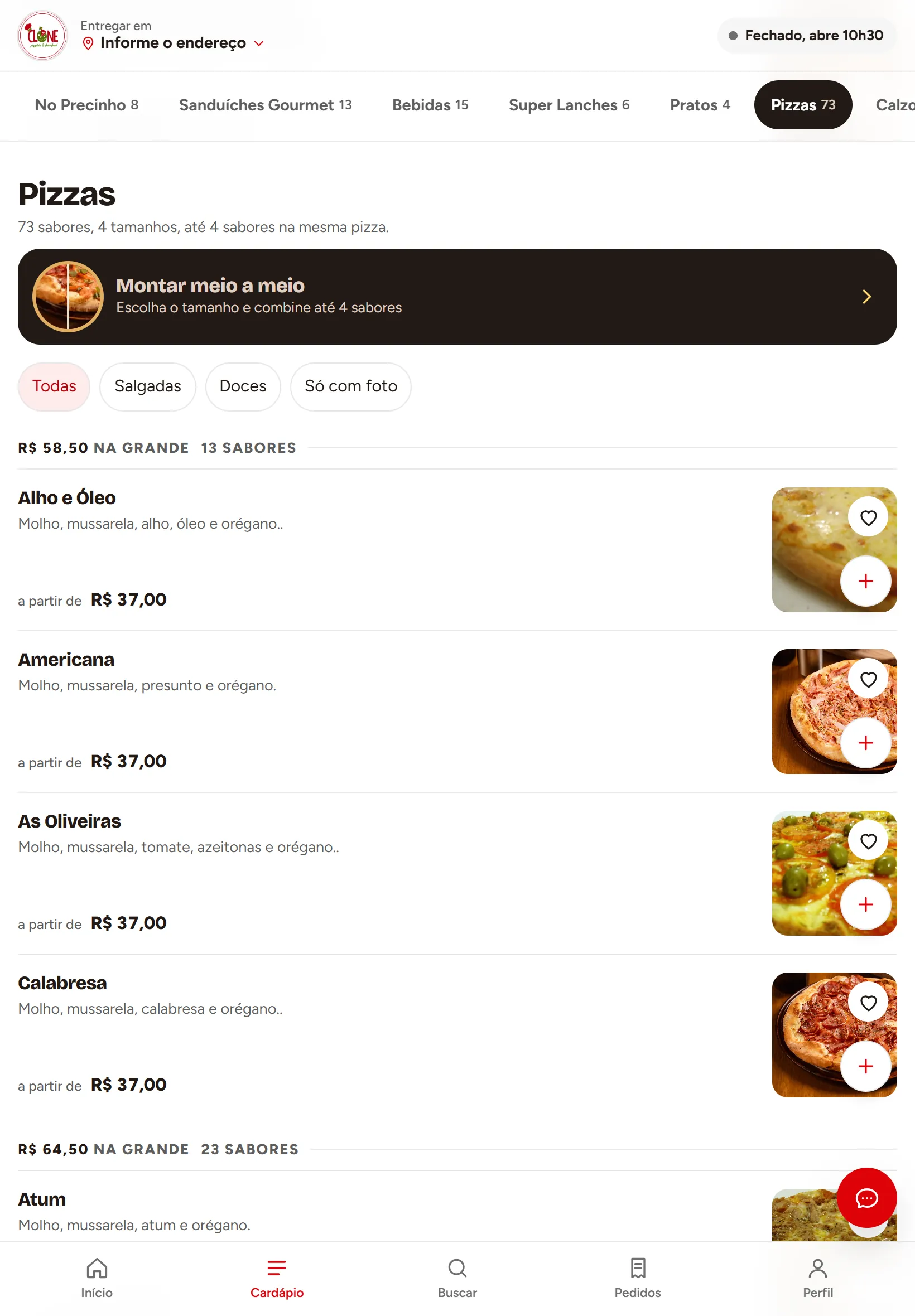 Clone Pizza menu on a tablet.