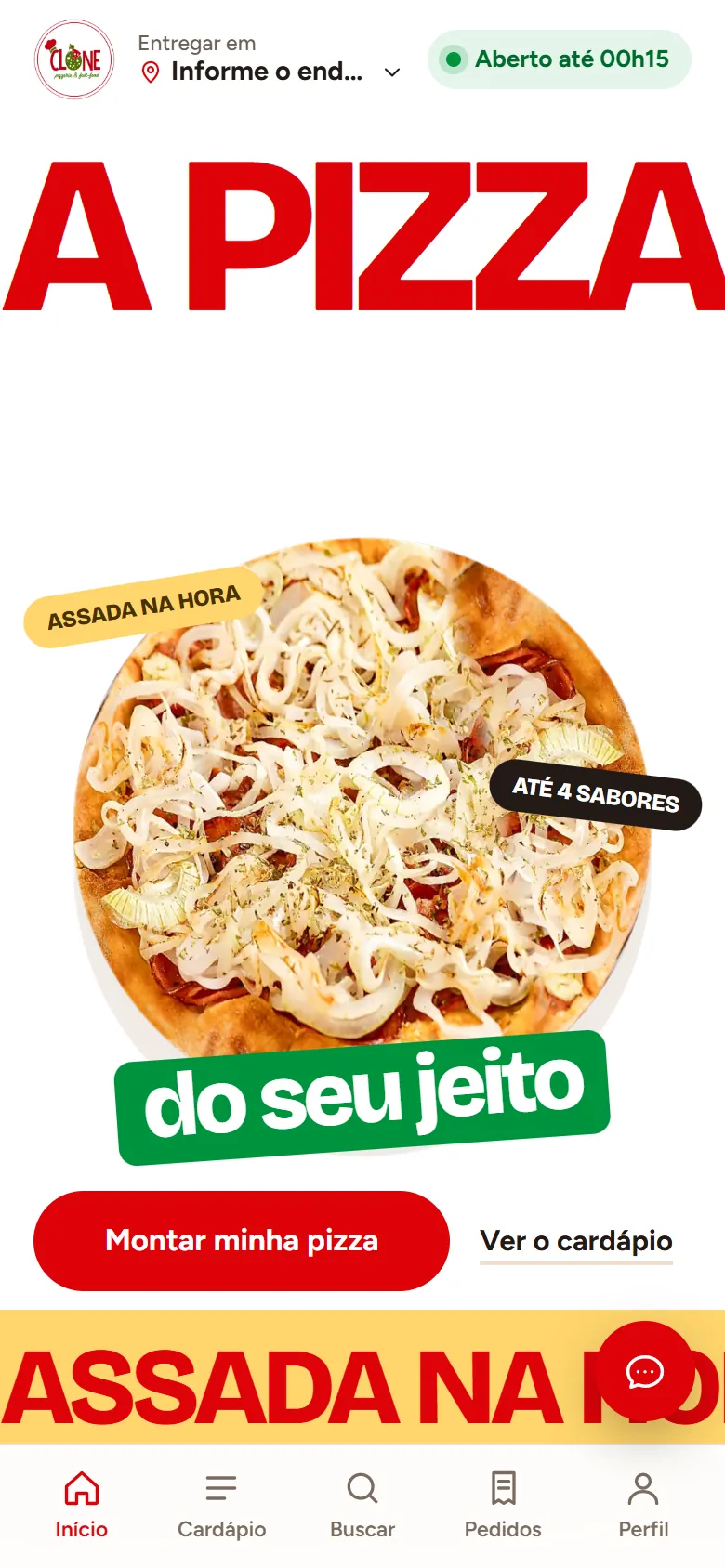 Clone Pizza home on a phone, with the bottom bar.