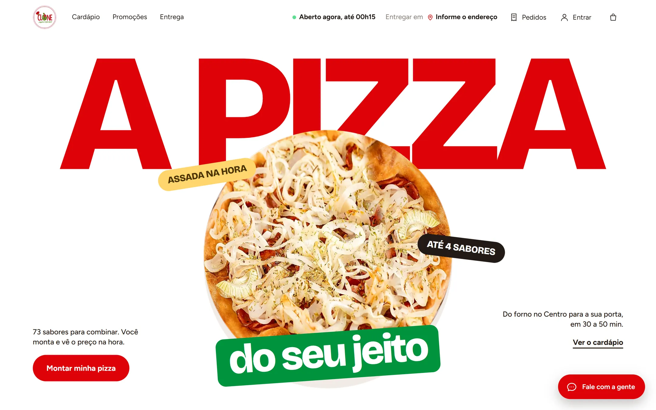 Site da Clone Pizza no computador: "A pizza do seu jeito" em vermelho sobre a foto da pizza.