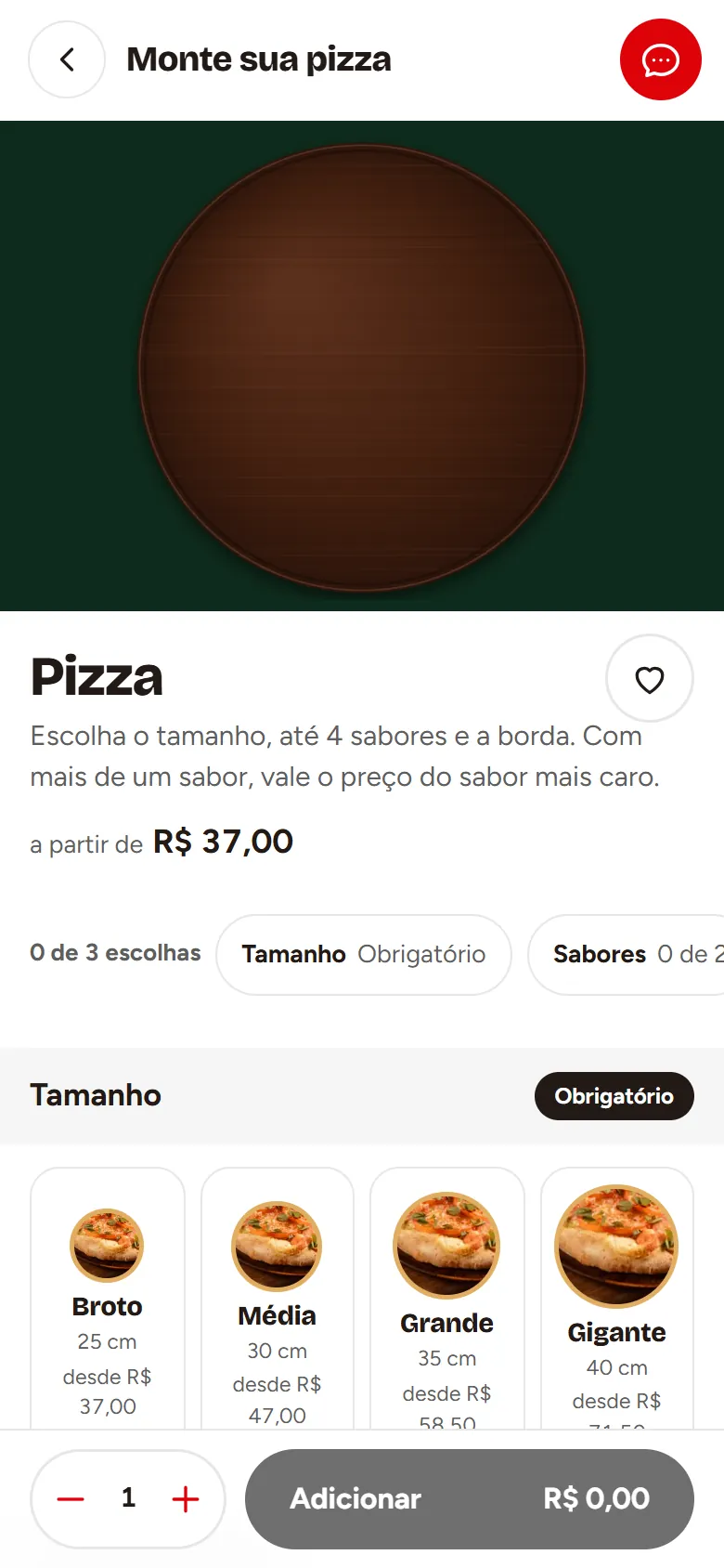 Pizza builder on a phone: picking the size, with the price of each one.