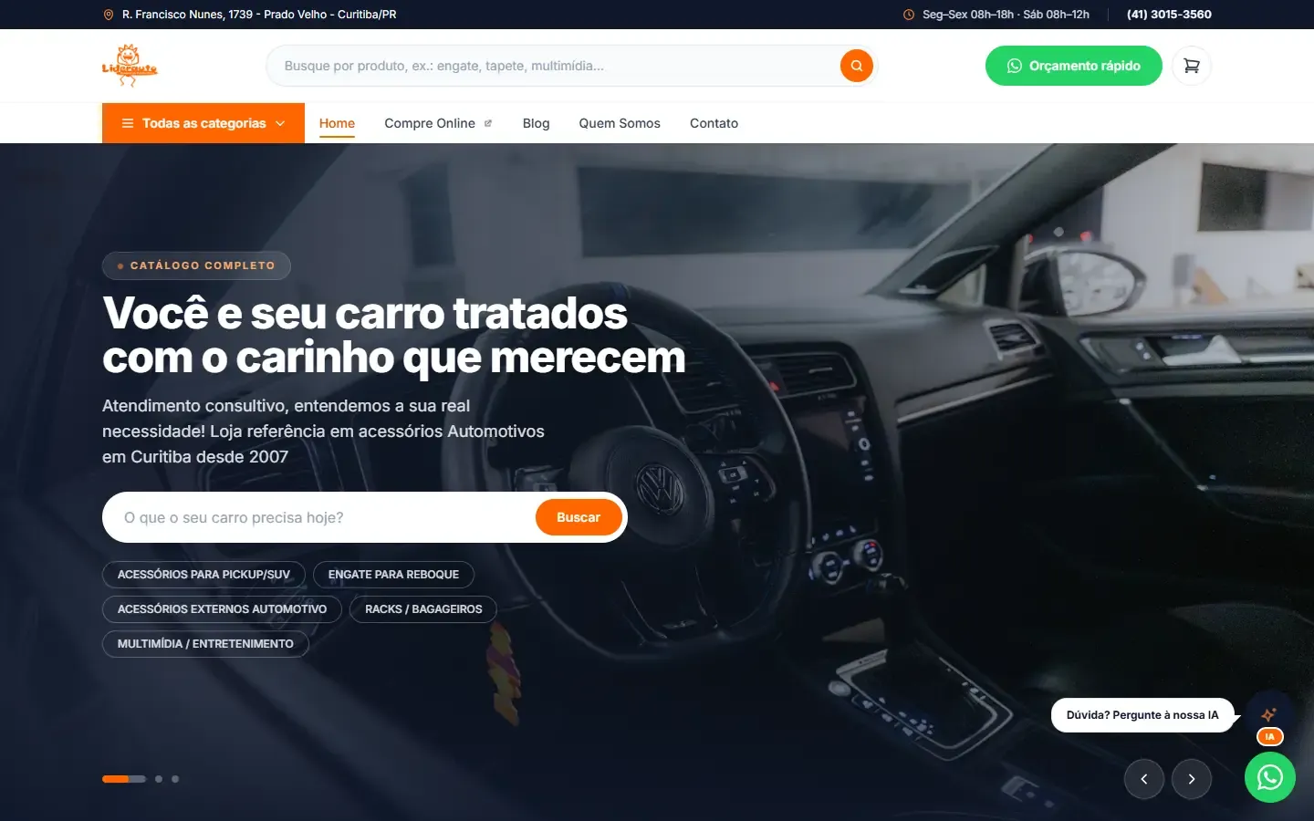 Liderauto site on desktop: a photo of a car dashboard, a big headline and a search for what the car needs.