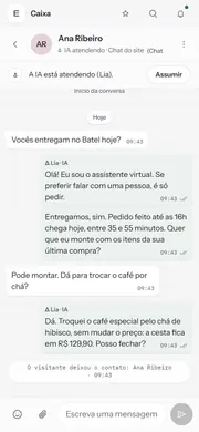 A grocer’s support inbox: the agent answers a customer in the website chat and drafts a reply for the team to approve.