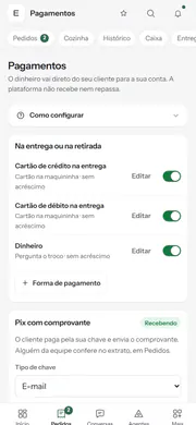 A grocer’s integrations: access for other systems, automatic notices and the payment methods turned on.