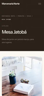 Site de uma marcenaria: a página inicial no computador, com fotos da oficina e os móveis em destaque, e a página de uma mesa no celular.