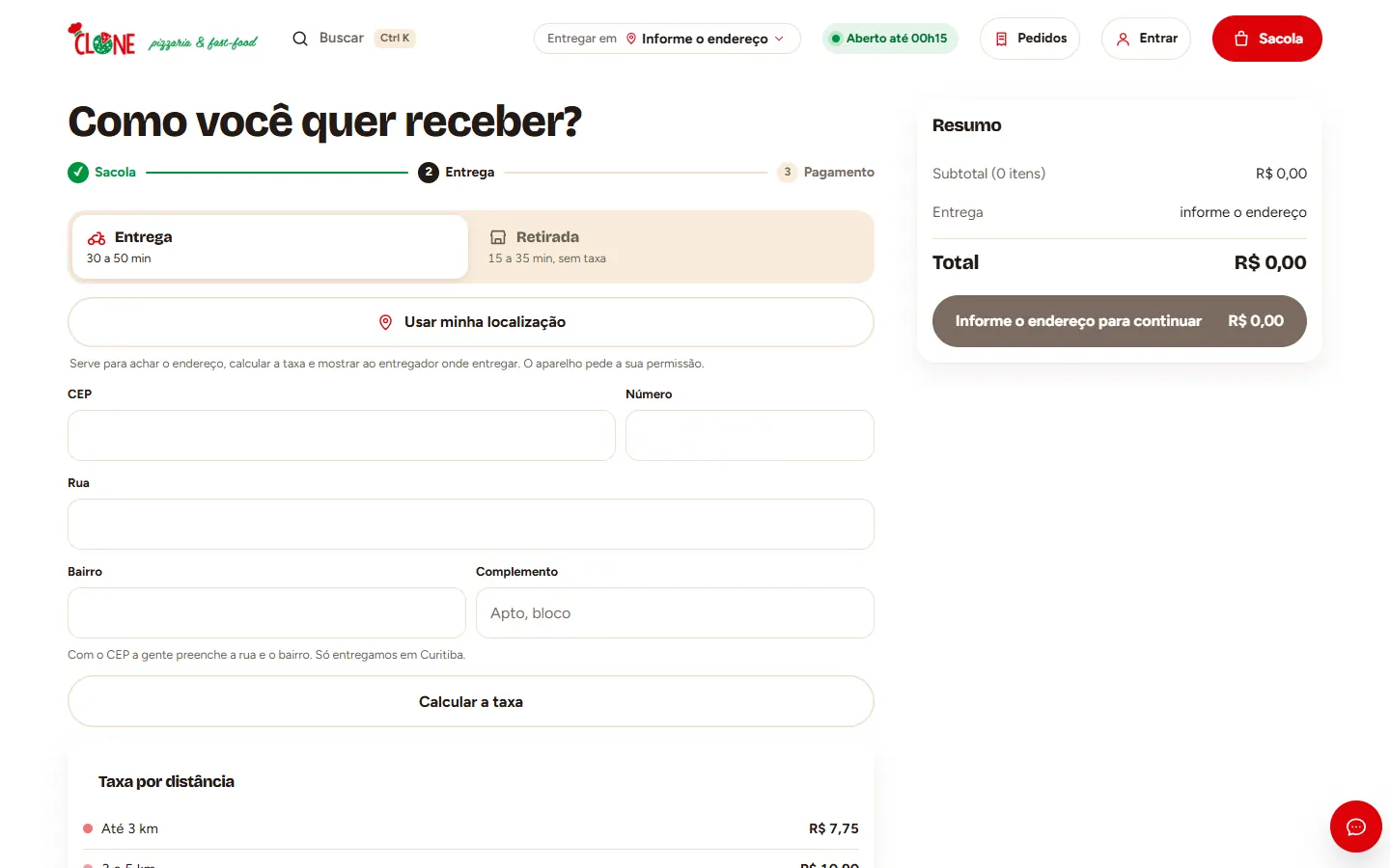 Delivery on the Clone Pizza site: zip code, street, neighborhood and the fee by distance.