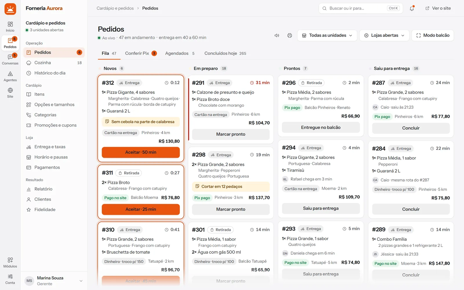 Kadelta Delivery panel, orders screen: the queue in four columns, from new order to delivery.